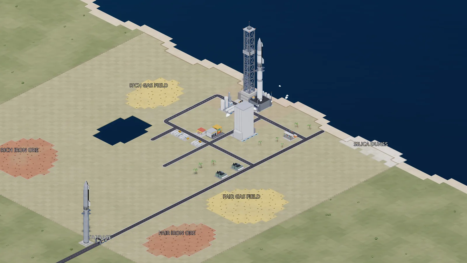 An isometric launch site on the coast: a launch tower with a rocket stacked beside it, a tank farm, a factory and roads.